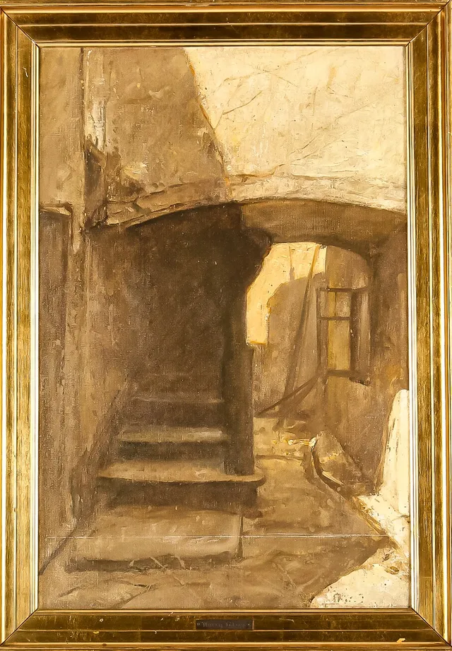 Harry Kluge. Gammel gård. Oliemaleri. (usigneret)