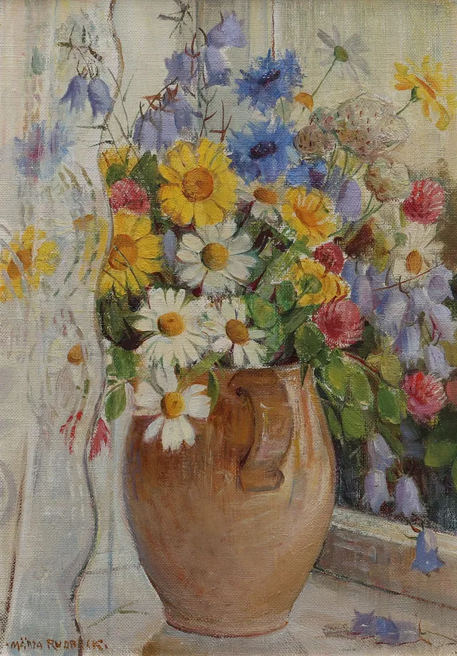 MÄRTA RUDBECK. Olja på duk, Blomsterstilleben, signerad.