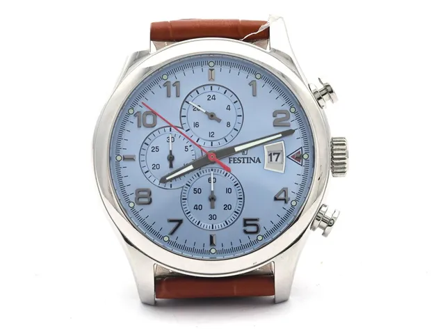 Festina, herrur, quartz (i behov av batteribyte), mineralglas, kronograf, stål, 42mm, modell:F20375, med läderband i gott skick