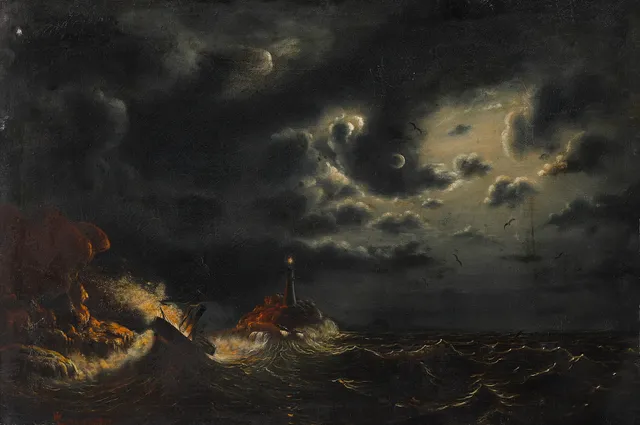 LARSON MARCUS. Hav i månsken med fyr och brinnande båt, olja på duk, signerad M Larson. Daterad 1859.
