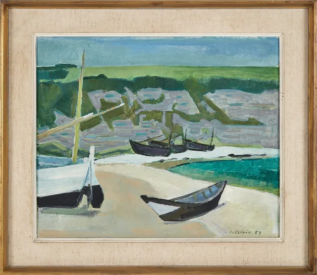 GEORG LODSTRÖM (1915-1972). båtar på strand, olja på duk, signerad och daterad -57.