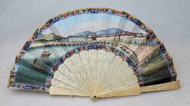 Chinese "thousand faces" fan with a view of Canton (?), mid 19th Century.