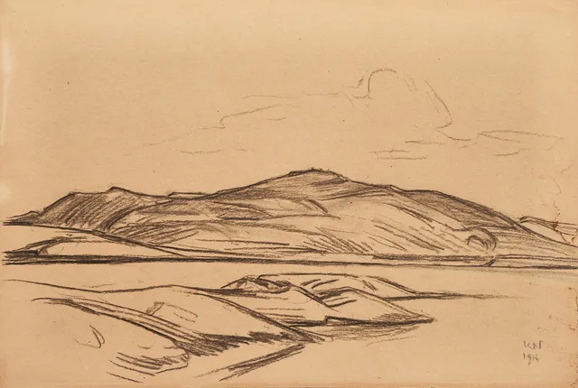KARL NORDSTRÖM (Tjörn 1855-1923 Drottningholm). Vidsträckt kustlandskap, Bohuslän, signerad, daterad 1914, kol på papper.