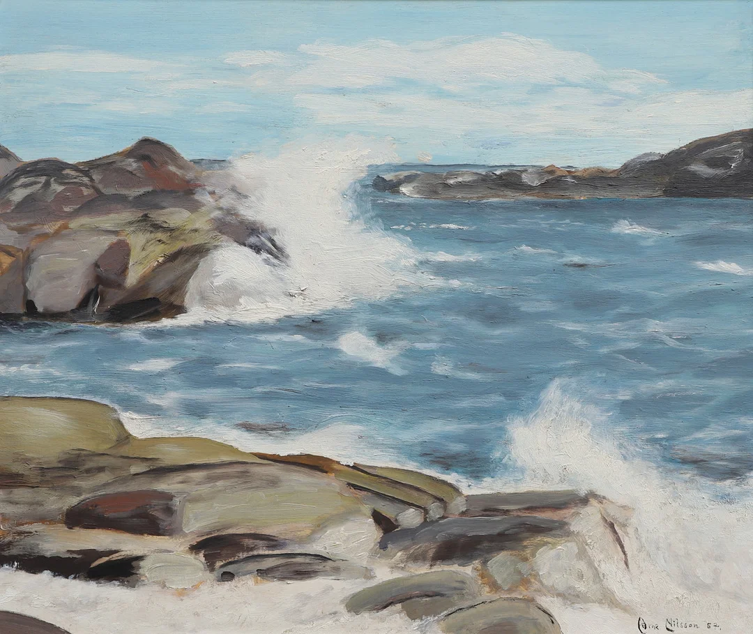 ARNE NILSSON. Olja på pannå, kustmotiv, signerad, daterad -57. — Paintings — Ekenbergs Auktioner