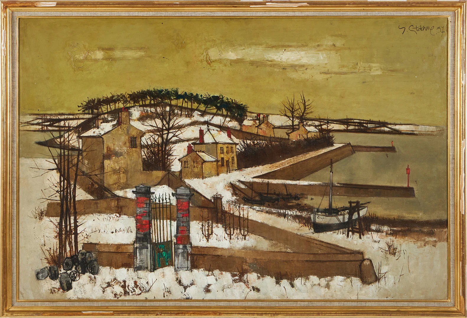 YVES GANNE. Hamnscen, olja på duk, signerad Y. Ganne, daterad 57. — Paintings — Stockholms Auktionsverk Magasin 5