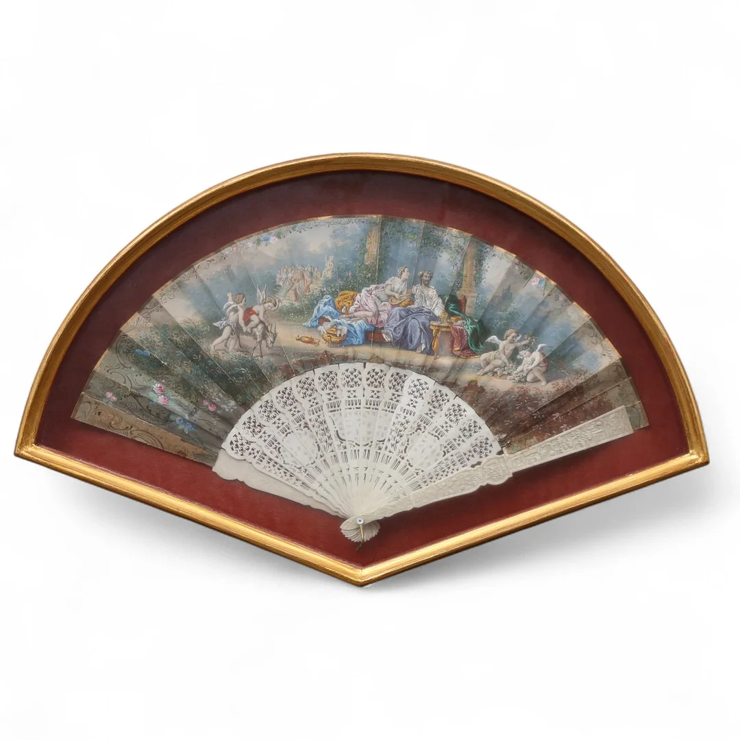 Fan lithographed and painted paper leaves, 19th Century. — Vintage & Designer Fashion — Balclis