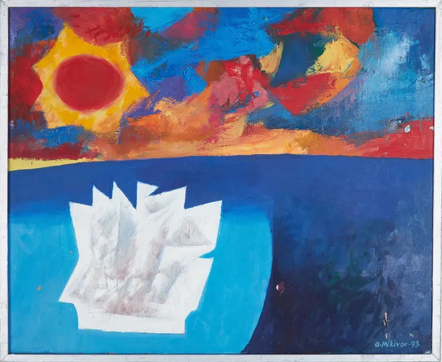 OLEV MIKIVER (1922-1994). "Vita Skeppet / Valge Laev", olja på duk, signerad samt daterad 93.