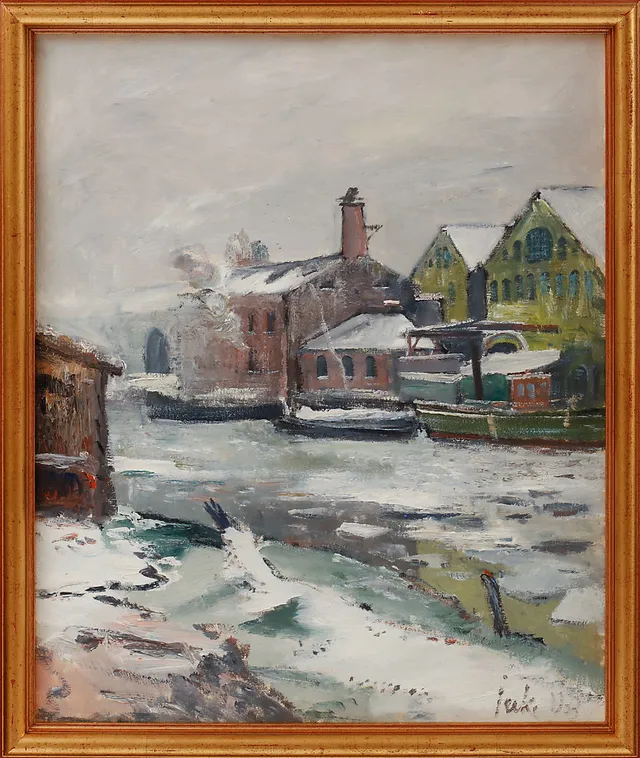 ERIK JERKEN. Stadsbild, olja på duk, signerad.