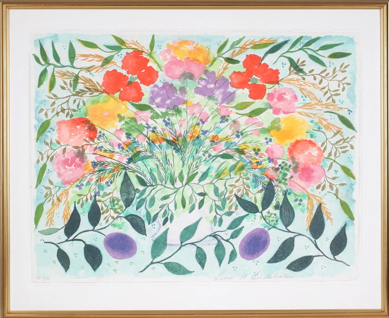 LENA LINDERHOLM. Blommor, litografi, signerad HC och numrerad 6/15. — Engravings & Prints — Stadsauktion Sundsvall