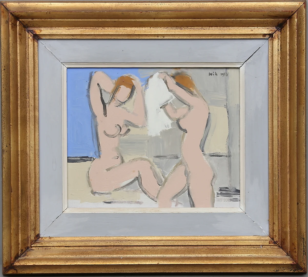 WILHELM WIK. "Badande Flickor". Olja på pannå. Signerad och daterad 1953. — Paintings — Gomér & Andersson Linköping