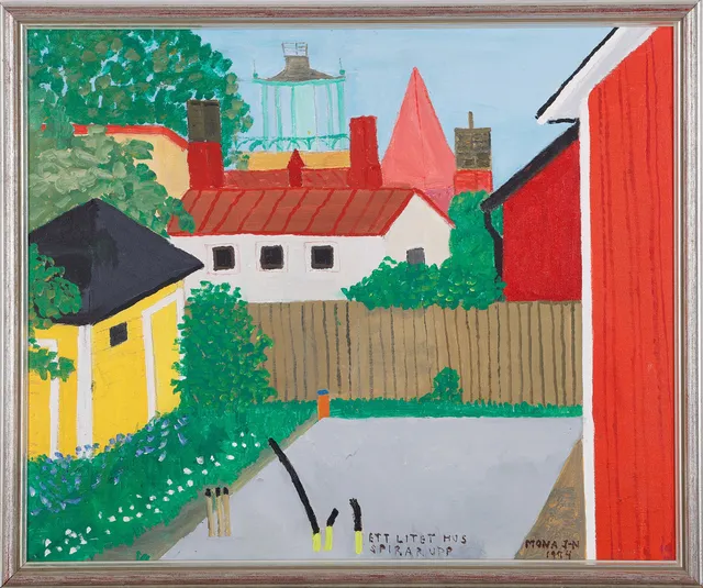 MONA JOHANSSON (1924-2010). "Ett litet hus spirar upp", signerad och daterad Mona J-N 1994, akryl på pannå.