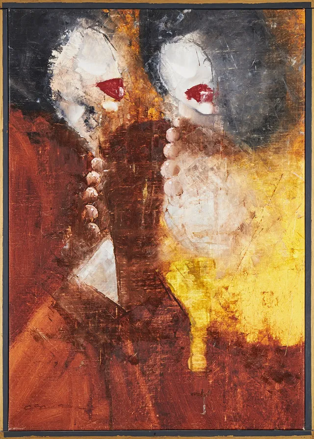 ANDERS SAMUELSSON (FÖDD 1943):. "Maskeraddamer", olja på duk.