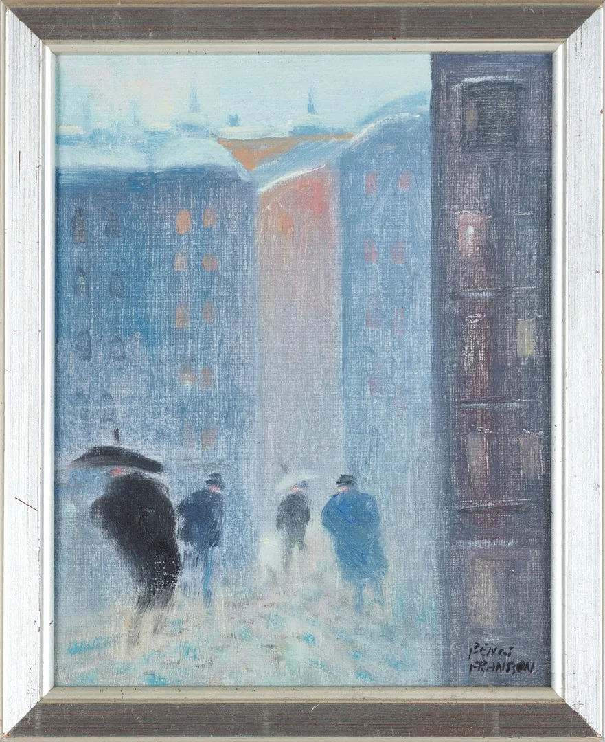 BENGT FRANSSON (1935-). Stockholmsgata i regn, signerad, olja på duk. — Paintings — Crafoord Auktioner Stockholm