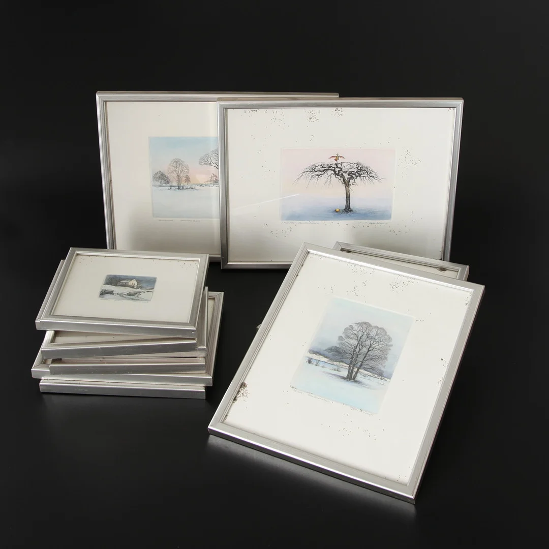 STAFFAN SNIDARE. f 1939. Akvallererade miniatyretsningar, 15 st, 1987-1989. — Engravings & Prints — Auktionsverket Engelholm