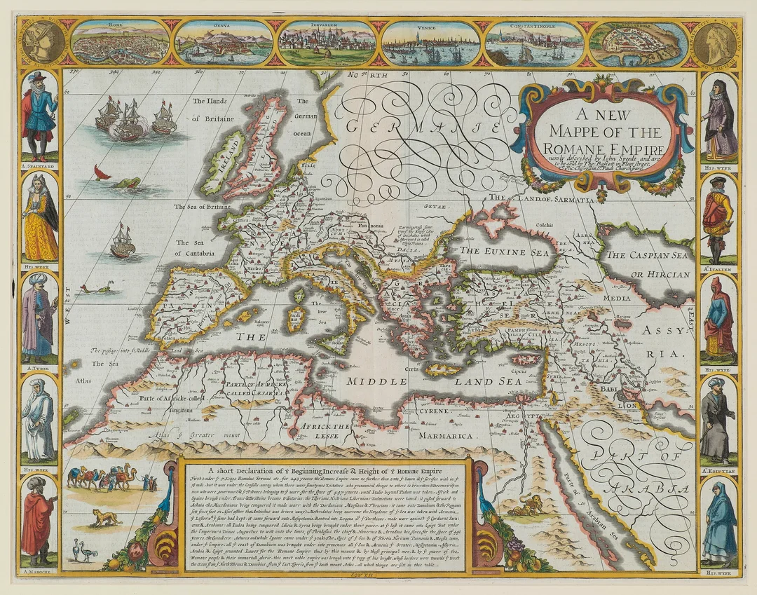 Speed, John — "A New Mappe of the Romane Empire" LONDON (1626 – 1627 – c. 1650) - 1676 — Gjenstand/Kart, prospekter, brev, eldre foto — Blomqvist