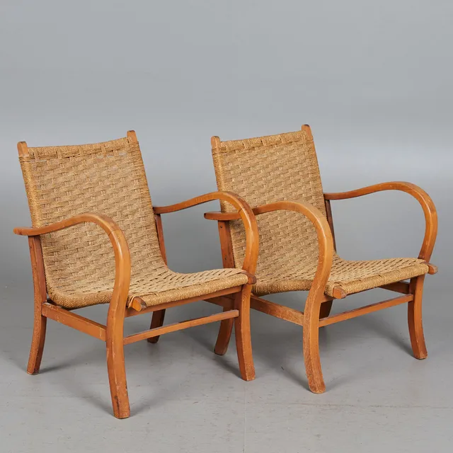 ERICH DIECKMANN. IM STIL VON. Zwei Sessel / Lounge Chairs, Buche, Seilgeflecht,1960er Jahre (2).