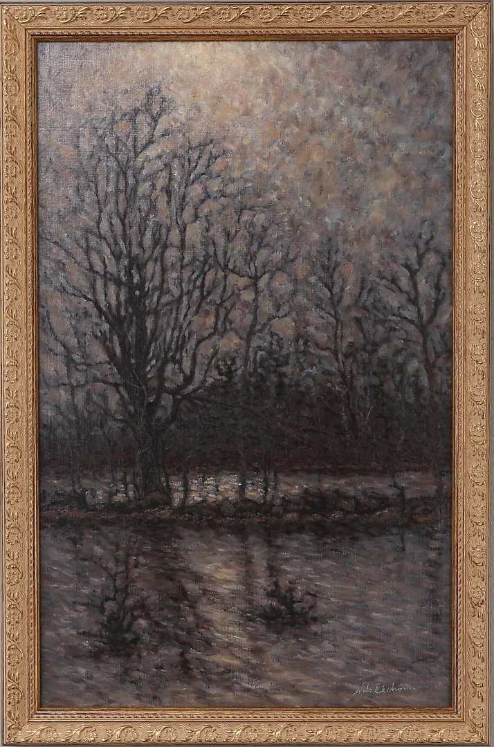 NILS EKSTRÖM. "Frösslundabäcken, vårvintern 1987", olja på duk, signerad. — Paintings — Kalmar Auktionsverk