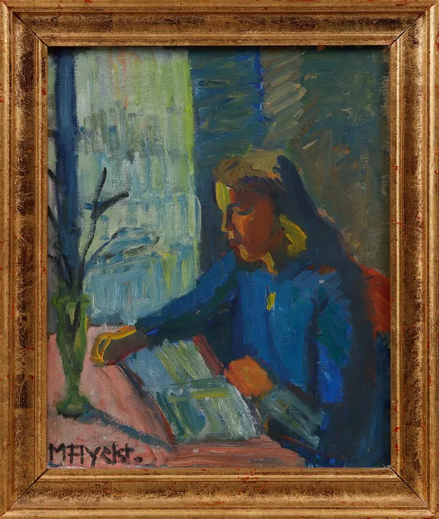 MANFRED FLYCKT. Figur som läser bok, olja på duk, signerad.