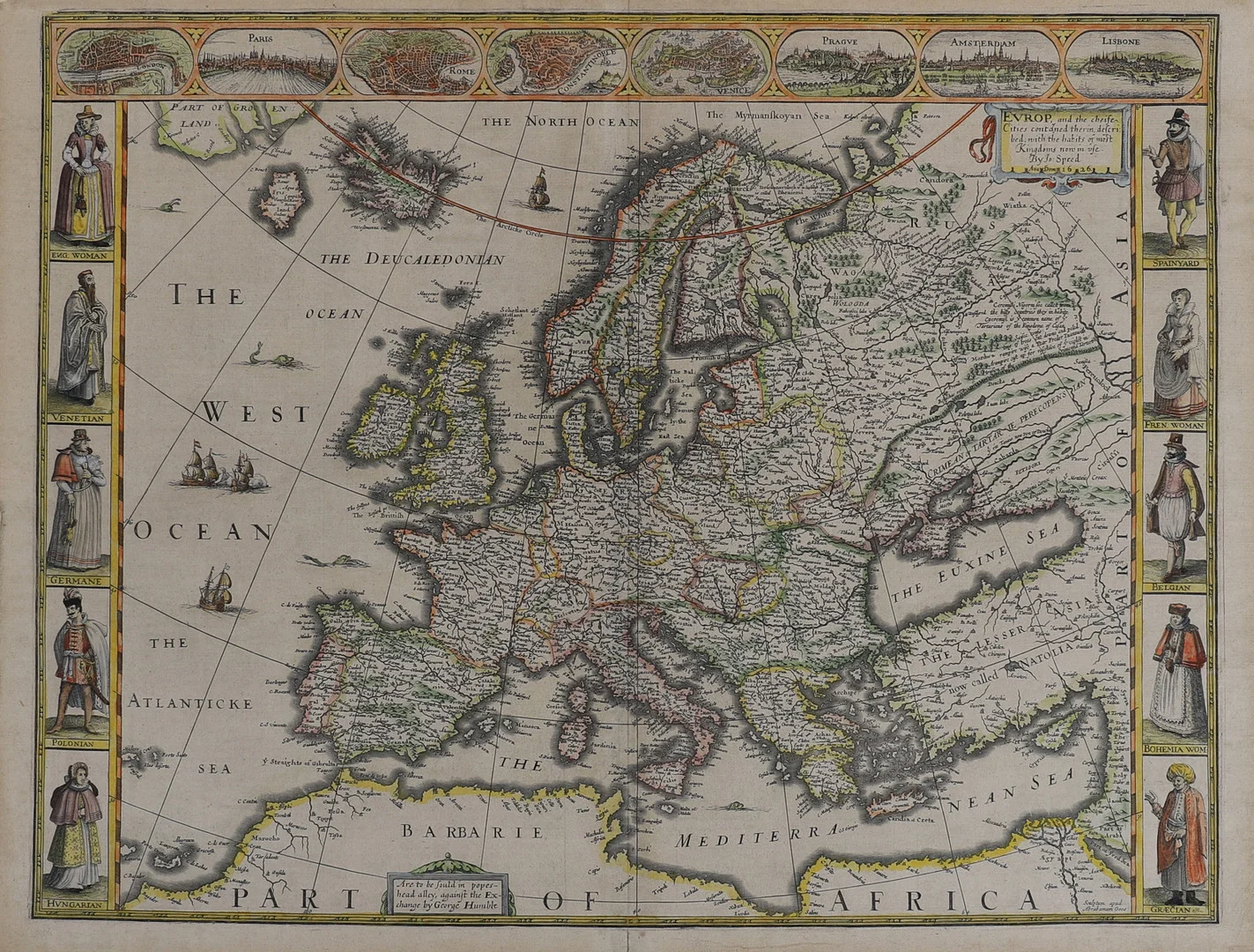 ANTIK KARTA. DEKORATIV HANDKOLORERAD OCH GRAVERAD KARTA ÖVER "EUROP AND THE CHEIFE CITIES ¨ AV DEN ENGELSKE KARTOGRAFEN JOHN SPEED 1626. — Maps — Crafoord Auktioner Lund