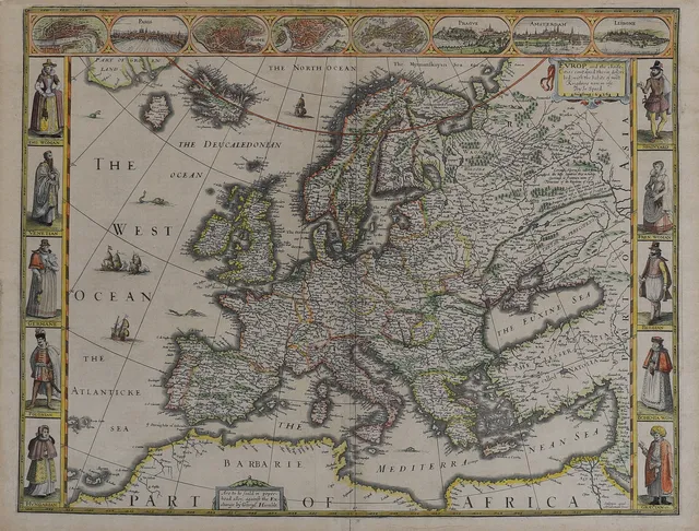 ANTIK KARTA. DEKORATIV HANDKOLORERAD OCH GRAVERAD KARTA ÖVER "EUROP AND THE CHEIFE CITIES ¨ AV DEN ENGELSKE KARTOGRAFEN JOHN SPEED 1626.