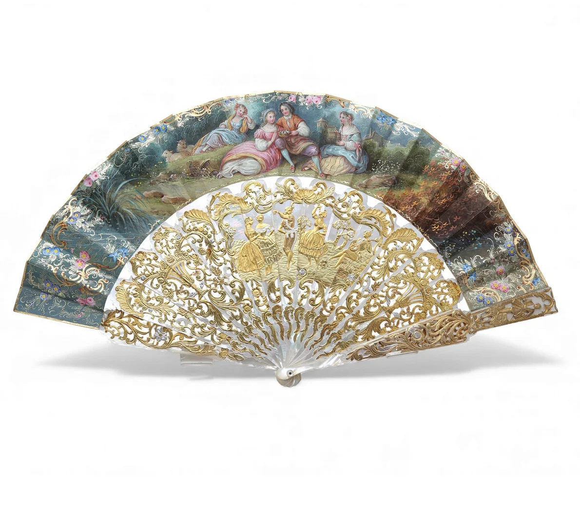 Elizabethan fan with lithographed and illuminated parchment leaf, around 1860. — Vintage & Designer Fashion — Balclis