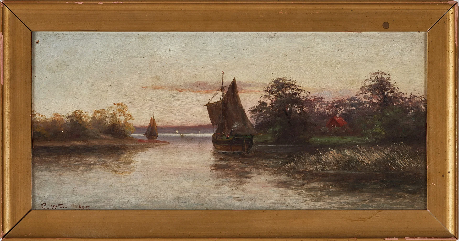 OIDENTIFIERAD KONSTNÄR. Skärgårdsmotiv med segelskutor, signerad och daterad C.W. 1905. olja på pappannå. — Miscellaneous — Crafoord Auktioner Stockholm