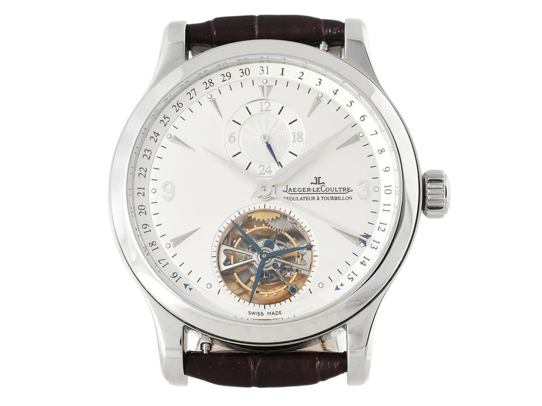 JAEGER-LE COULTRE, Master Tourbillon, Cal 978, Verk nr. 3489586, Serie nr. 2414241, Ref nr. Q1658420, Boett nr. 146.8.34.S, herrur, 41,5 mm, stål, automatisk (Tourbillon), safirglas, datum, 24-timmarsvisare, läderband, viklås, servad maj 2021, cert, april 2010, box. — Klockor/Jaeger-Le Coultre — Kaplans