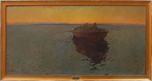 ARVID JOHANSSON. Fiskare i eka, olja på duk, signerad.
