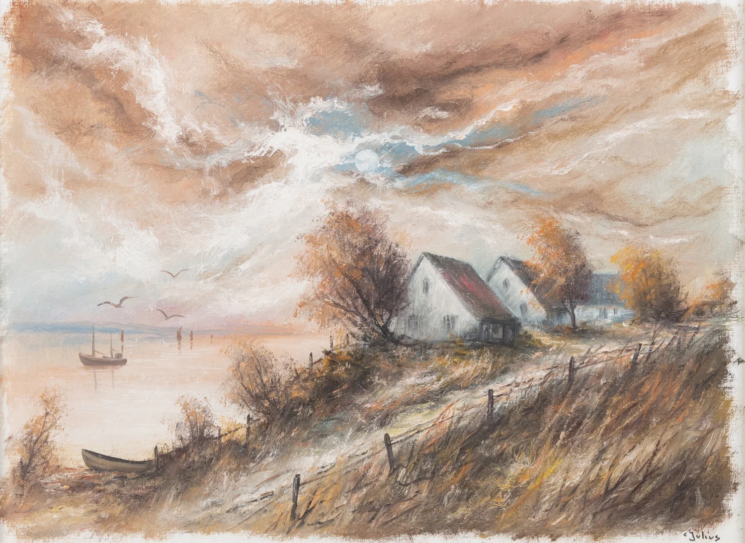 CARL JULIUS. Kustparti med hus och båtar, olja på duk, signerad C. Julius. — Paintings — Helsingborgs Auktionskammare