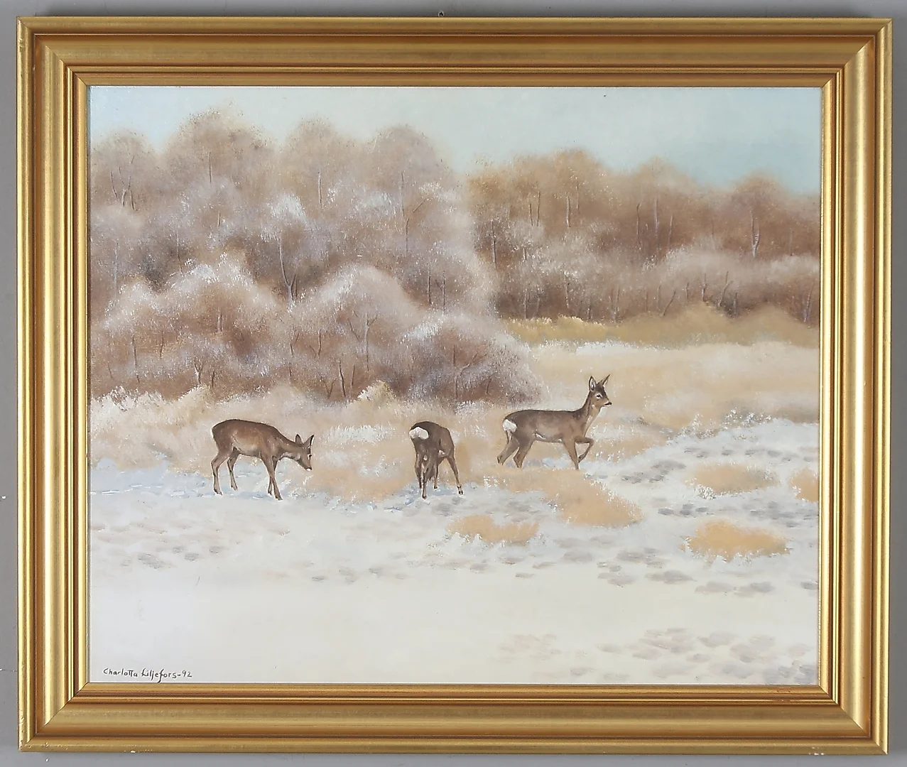 CHARLOTTA LILJEFORS. Rådjur, olja på duk, signerad. — Paintings — Stadsauktion Sundsvall