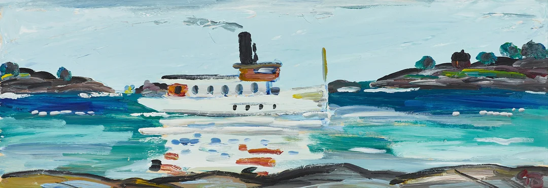 GÖRAN BRUNIUS (1911-2005), Skärgårdsbåt, monogramsignerad GB, olja på pannå. — Paintings — Crafoord Auktioner Stockholm