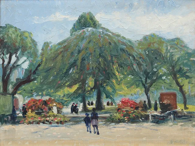 HJALMAR LARSSON (1881-1960). Promenad i parken, olja på pannå, signerad Hj. Larsson 1937.