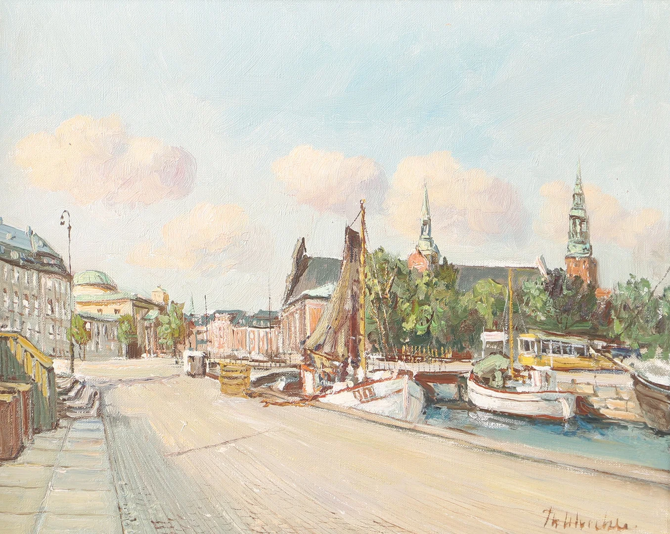 THEODOR ULRICHSEN. Stadsbild med kanal, olja på duk, signerad. — Paintings — Helsingborgs Auktionskammare