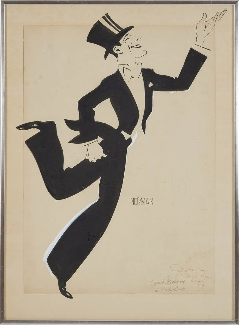 EINAR NERMAN. "Cyril Ritchard in Lady Luck", teckning i svart och vitt, signerad Nerman. — Drawings — Stockholms Auktionsverk Magasin 5