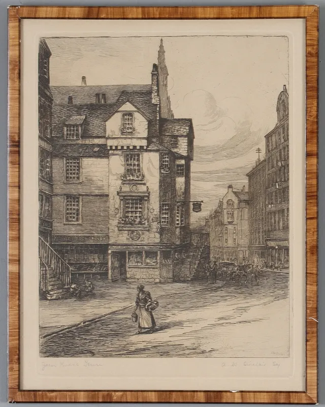 A W SINCLAIR. "John Knox House", kopparstick, signerad.