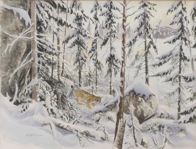 ROLF SVENSSON. Lodjur, akvarell, signerad.