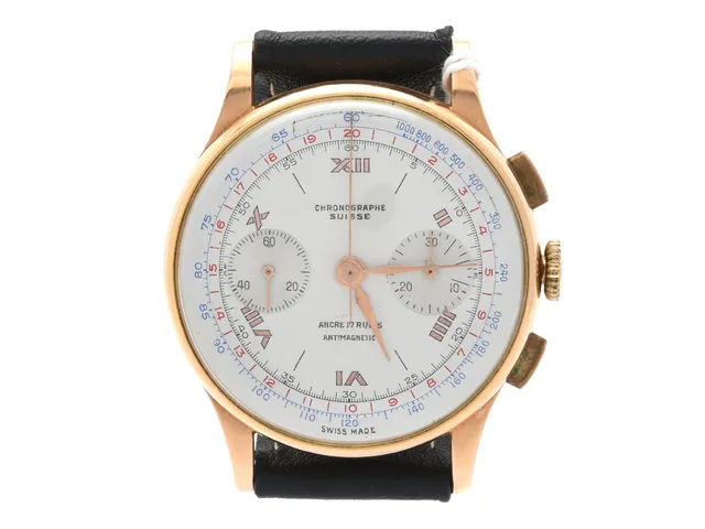 Chronographe Suisse Ancre 17 Rubis Antimagnetic, 18K,36mm, manuell, plexiglas repigt, urtavla något defekt, läderarmband
