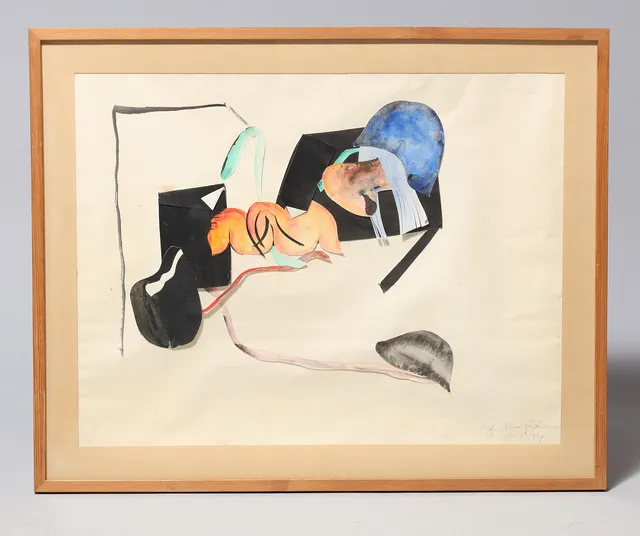 Ubekendt kunstner, abstrakt motiv, kollage og akvarel på papir, mixed media, utydelig signatur, 1974.