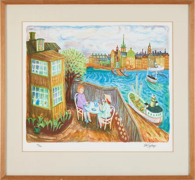 ELIS RYBERG. Kaffestund, färglitografi.