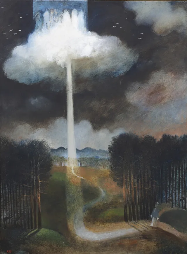 KJELL SUNDBERG (FÖDD 1942). "Jag har hört om en stad ovan molnen", olja på pannå, signerad.