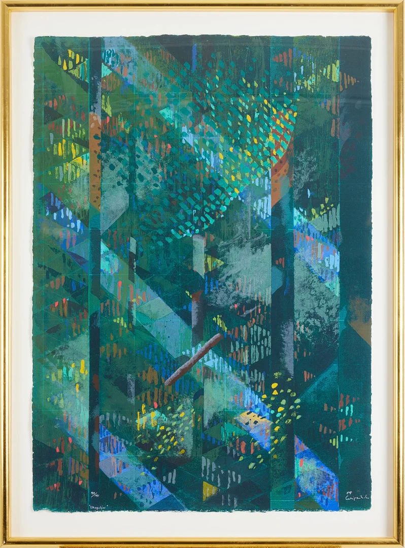 ULF GRIPENHOLM. Skogsljus, färgseriegrafi, 104 x 75 cm. — Engravings & Prints — Stockholms Auktionsverk Magasin 5