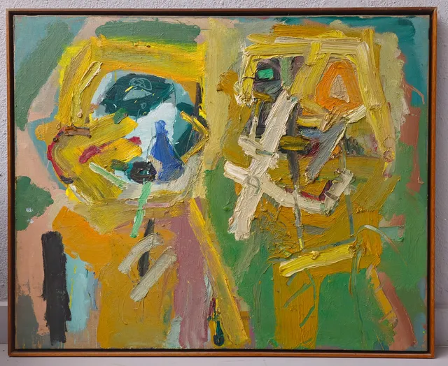 JOAN CRUSPINERA. ABSTRACCIÓN PAREJA DE ROBOTS. ÓLEO SOBRE LIENZO.