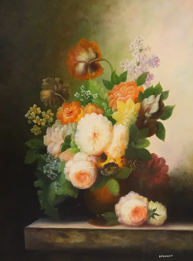 OIDENTIFIERAD KONSTNÄR, SIGNERAD SÖRENSEN, BLOMSTERSTILLEBEN, OLJA PÅ DUK.