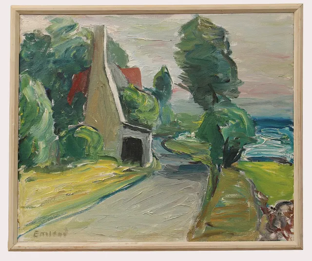 EINAR EMLAND. Olja på duk, "Sillrökeri Bornholm", signerad.