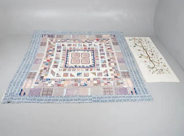 19THC PATCHWORK QUILT & CREWELWORK PANEL.