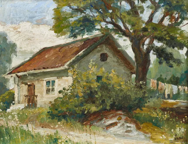 KARL ÖRBO (1890-1958). Hus i sommarskrud, signerad, daterad -34, olja på pannå.
