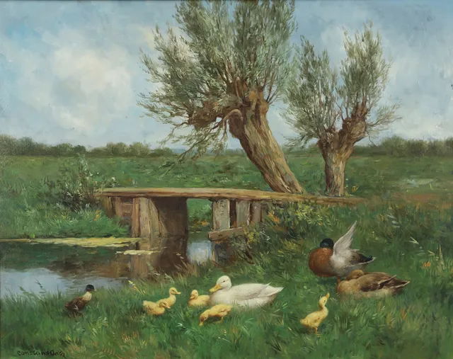 CONSTANT ARTZ (1870-1951). DUCKS BY A COUNTRY POOL.