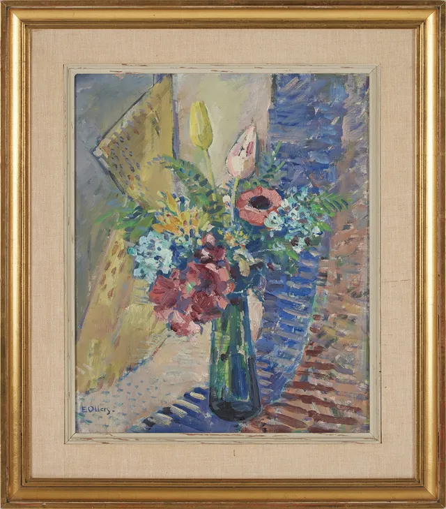 EDVIN OLLERS. Blomsterstilleben, olja på pannå, signerad.