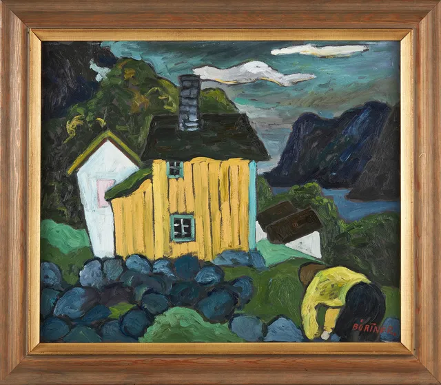 GUSTAF BÖRTNER ZANDT (1905-1985). Kustbild med gul stuga, olja på pannå.