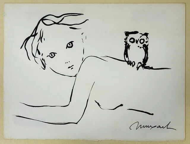 JAUME MUXART. Niña y Búho. Tinta sobre papel.